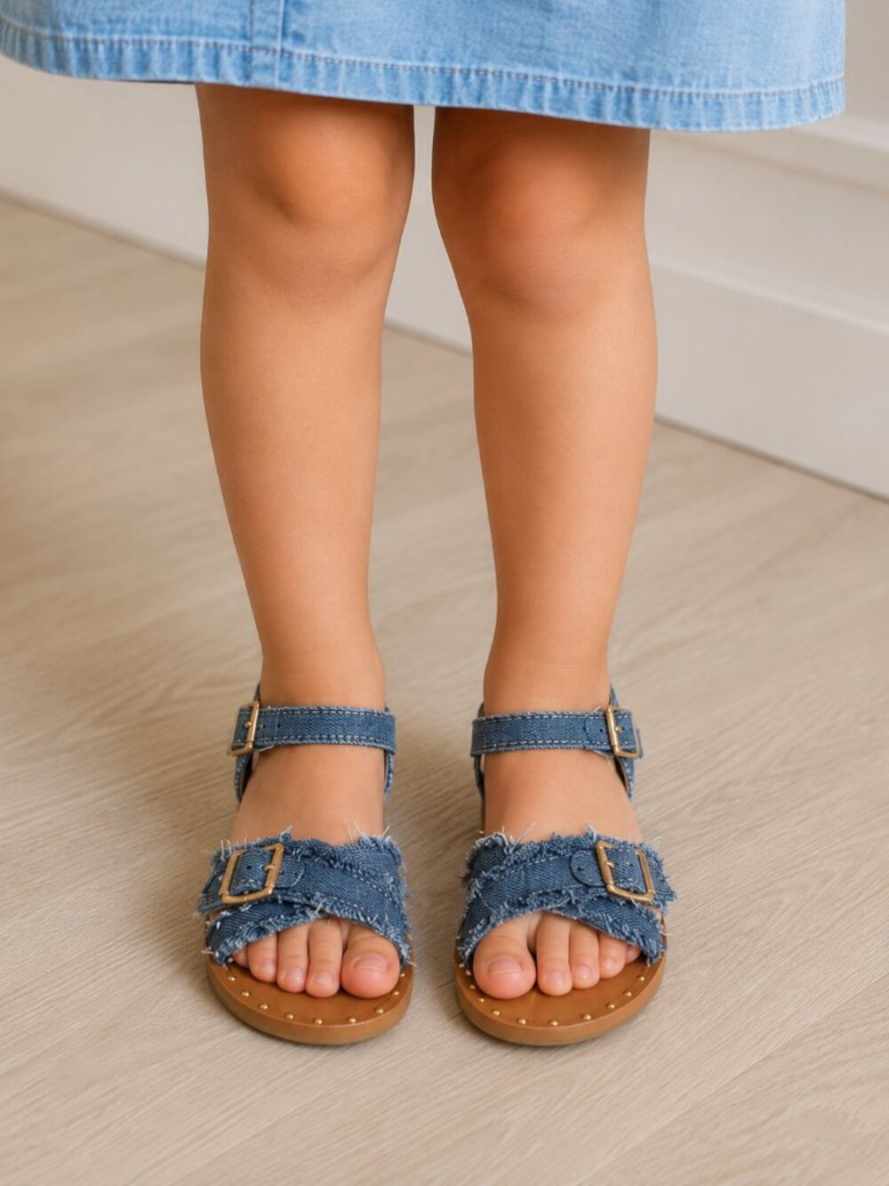 NEW BCBG Girls Denim Sandals Blue Frayed Strappy Flat Sandals Size 1M